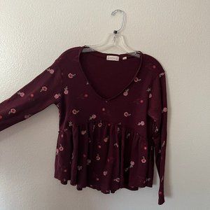 Altar'd State Burgundy Waffle knit with embroidered flowers, long sleeve blouse